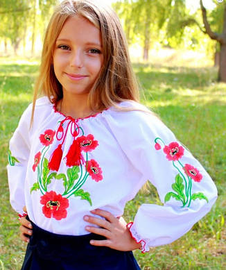 Дитяча вишита сорочка, блуза для дівчаток білого кольору "Марічка" розміри від 104 до 134, фото 1