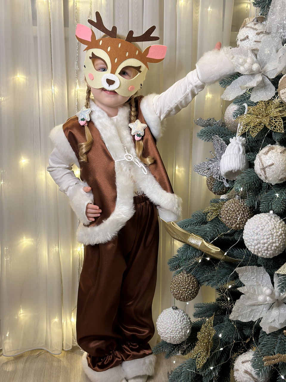 Дитячий карнавальний костюм "Оленя", новорічний костюм на ранок, дитячий костюм атласний з хутром, фото 1