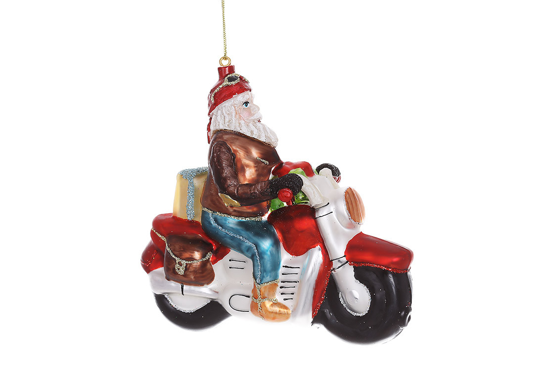 Ялинкова фігурна прикраса зі скла Санта на мотоциклі 11см NY29-429, фото 1