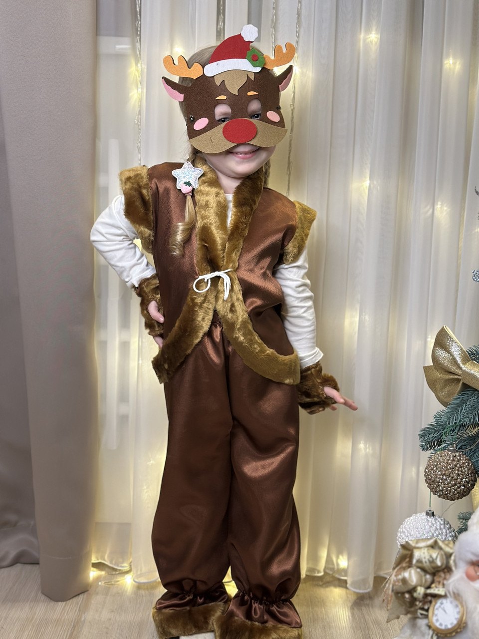 Дитячий карнавальний костюм "Лось", новорічний костюм на ранок, дитячий костюм атласний з хутром, фото 1