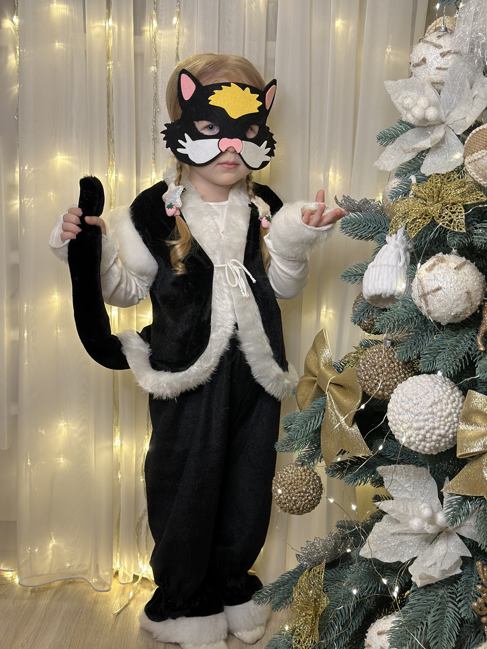 Дитячий карнавальний костюм "Кошка", новорічний костюм на ранок, дитячий костюм атласний з хутром, фото 1