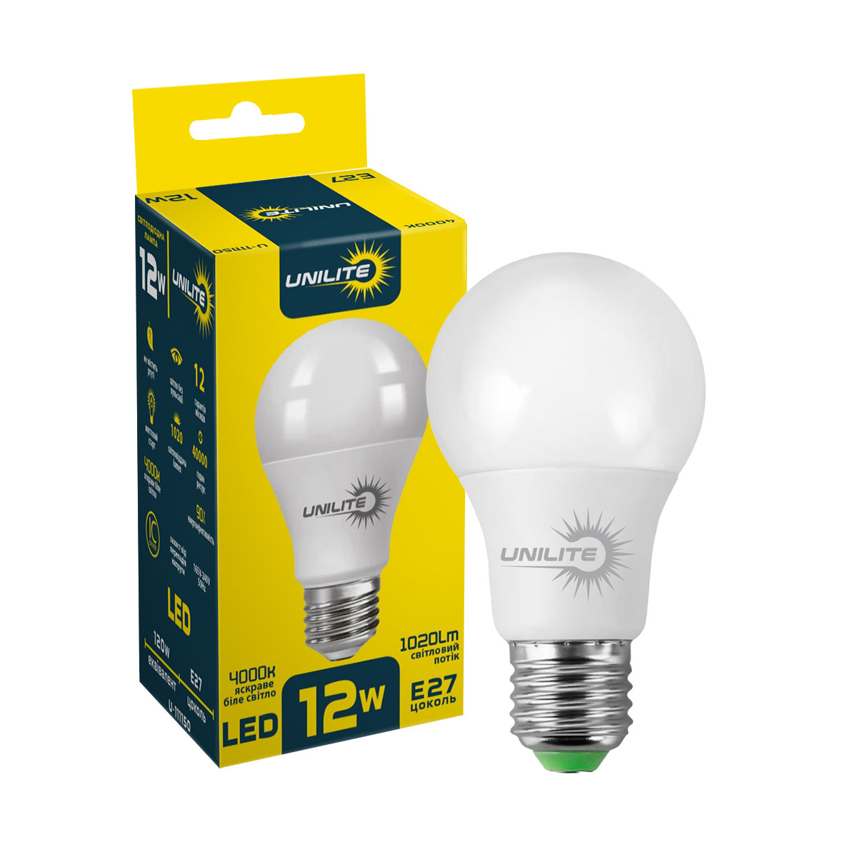 LED лампа UNILITE A60 12W E27 1020lm 4000K (UL-111150), фото 1