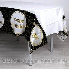 Скатертина святкова 137х183 см, "Happy Birthday на чорному фоні"