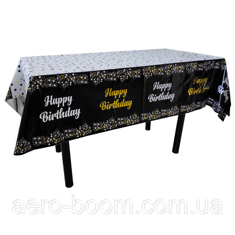 Скатертина святкова 137х183 см "Happy Birthday на чорному"