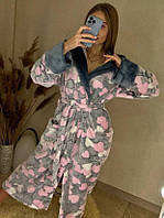 Халат махровий жіночий с капюшоном зимовий теплий із сердечками