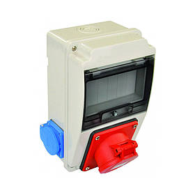 Розподільчий щит Бокс для автом. вим. 130х220мм з розетками: силова 16А/5 (3P+N+PE) панельна 16А (2шт) IP44