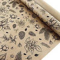 Подарунковий папір 70см х10 м "Новорічні квіти на крафті"