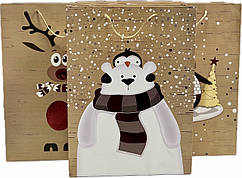 Подарунковий пакет "Новорічні звірята" з фольгованням 42х31х12 см, мікс 4 шт