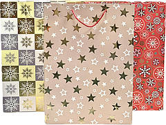 Подарунковий пакет "Новорічні зірки та сніжинки" з фольгованням 42х31х12 см, мікс 4 шт