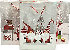 Подарунковий пакет "Новорічні гноми" з глітером 42х31х12 см, мікс 4 шт