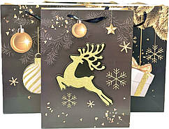 Подарунковий пакет "Новорічний настрій" з глітером та аплікацією 40х30х12 см, мікс 4 шт