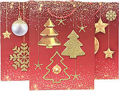 Подарунковий пакет "Новорічні іграшки на червоному" з глітером 40х30х12 см, мікс 4 шт