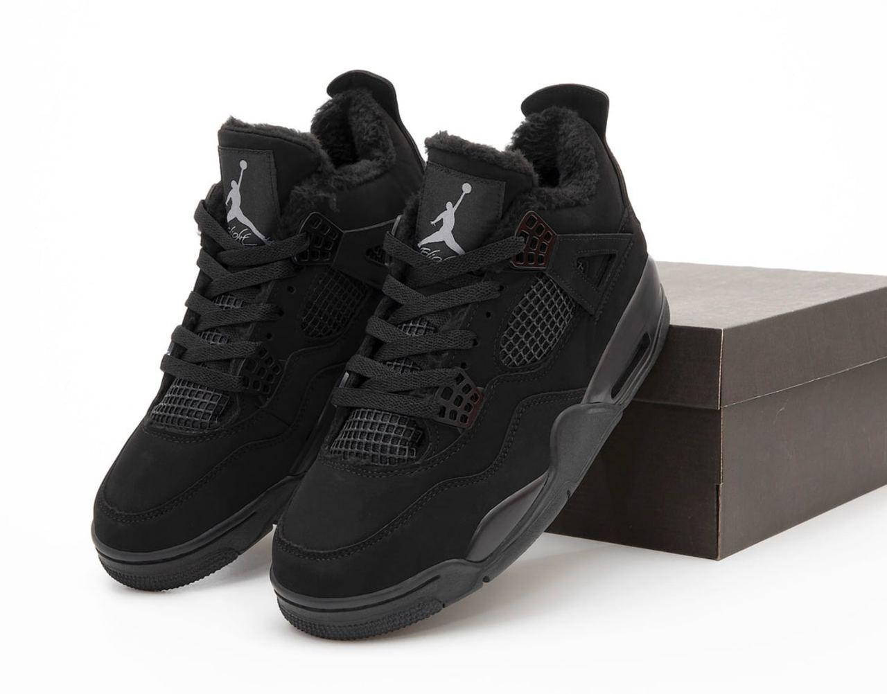 Чоловічі кросівки зимові Nike Air Jordan 4 Retro Winter Total Black Cat Fur Найк Джордан Блек Кет чорні замша