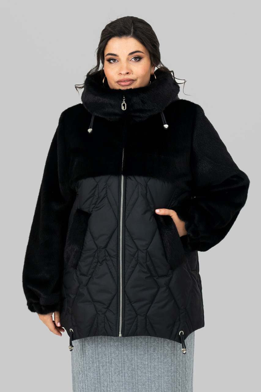 Комбінована чорна якісна жіноча шубка великих розмірів, фото 1