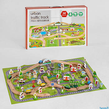 Трек дерев'яний, конструктор 80 деталей, карта, машинки з магнітами (C 44898)