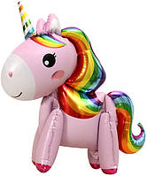 Стояча фольгована кулька (60х54 см) Єдиноріг 3D рожевий з веселкою