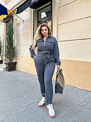 Стильний жіночий вельветовий комбінезон на блискавці та з пояском, батал великі розміри