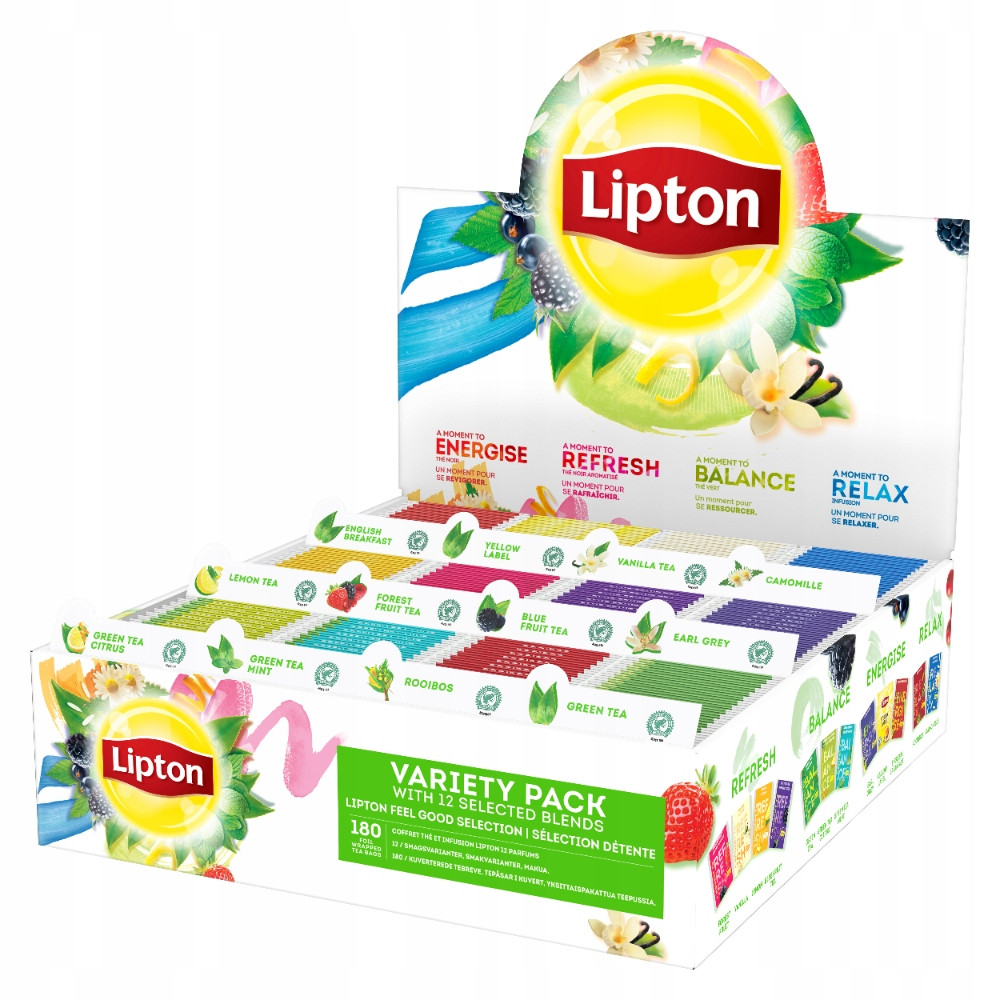 Зелений чай швидкого приготування Lipton 285 г різноманітний пакет з 12-ма різними смаками 180 конвертів подарунок на день святого