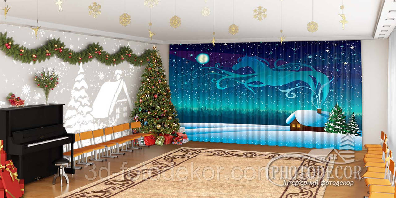 Новорічні Фото Штори в дитячий сад "Будиночок у зимовому полі", фото 1