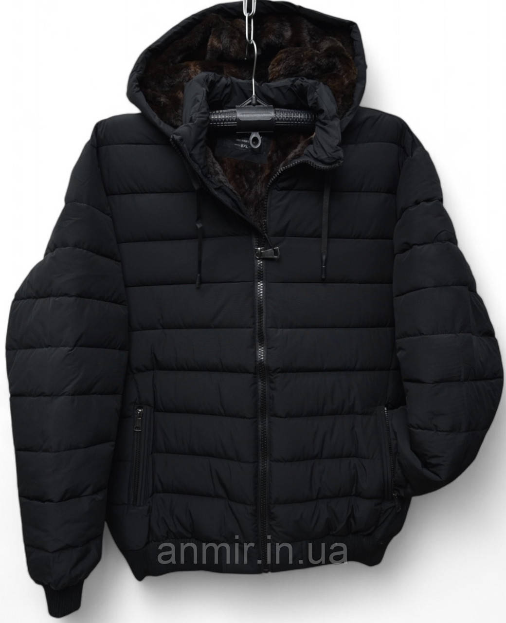 Куртка чоловіча зимова на хутрі під гумку стьобана батал 56-64, колір чорний
