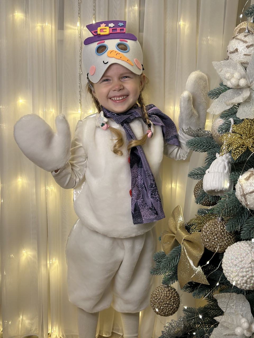 Дитячий карнавальний костюм "Сніговик", новорічний костюм на ранок, дитячий костюм атласний з хутром, фото 1