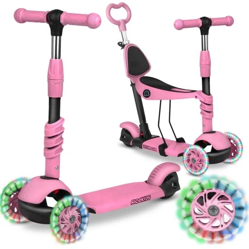 Трьохколісний самокат Ricokids Todi рожевий для дітей балансувальний 3в1 з Led