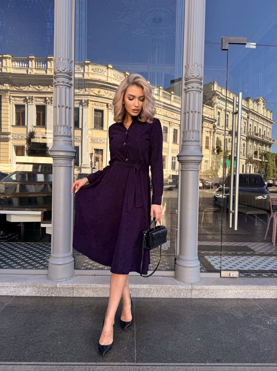 Вельветове плаття міді з поясом баклажан, фото 1