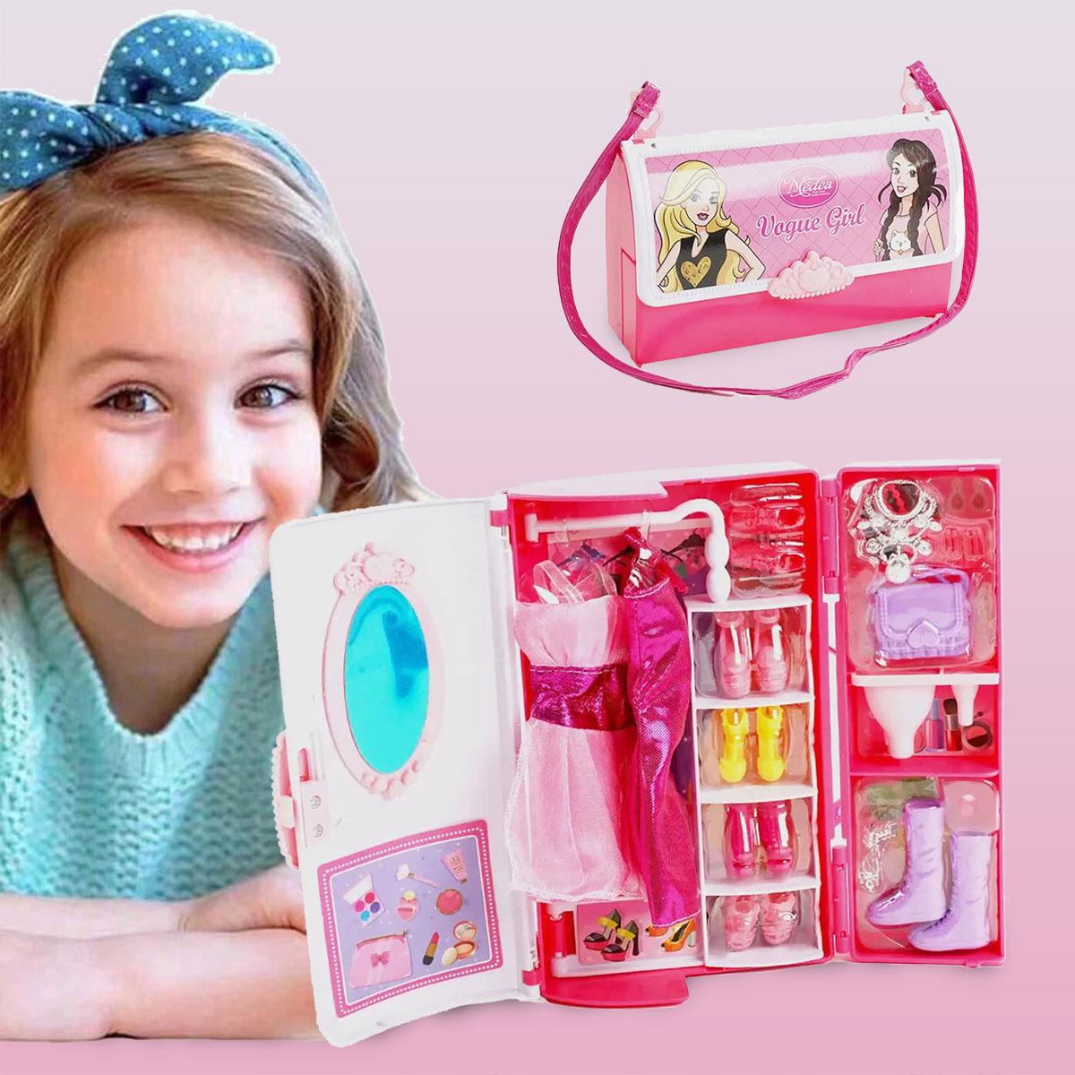 Розвиваючий іграшковий набір трансформер шафа сумочка для ляльок 2 сукні 6 пар взуття прикраси дзеркальце, фото 1