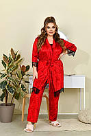 Стильний домашній комплект-трійка з оксамиту (велюрова піжама) трійка: топ + штани + халат (р.52-56). Арт-1518/8