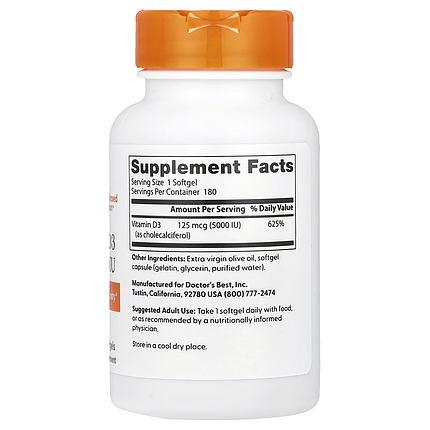Doctor's Best Vitamin D3 125 mcg (5000 IU) 180 Softgels, фото 2