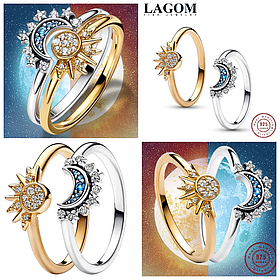 Комлект срібних парних каблучок в стилі PANDORA 925 проба Sun&Moon кільця Сонце і Місяць ПАНДОРА