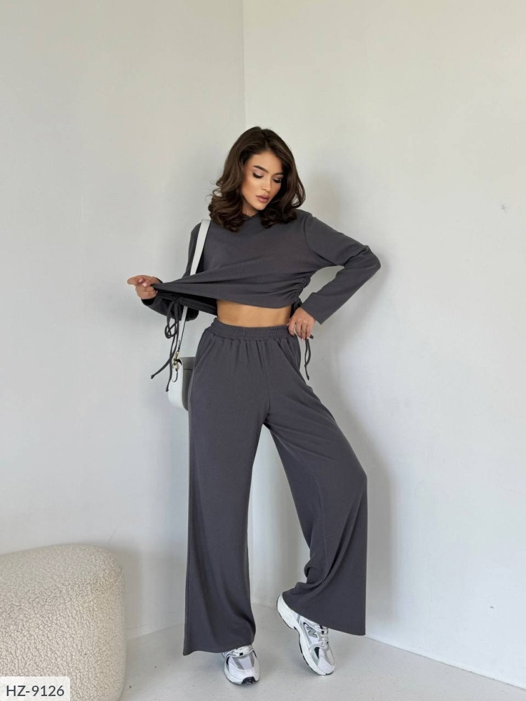 Костюм жіночий брючний стильний базовий теплий рубчик світшот і штани розкльошені арт 1131