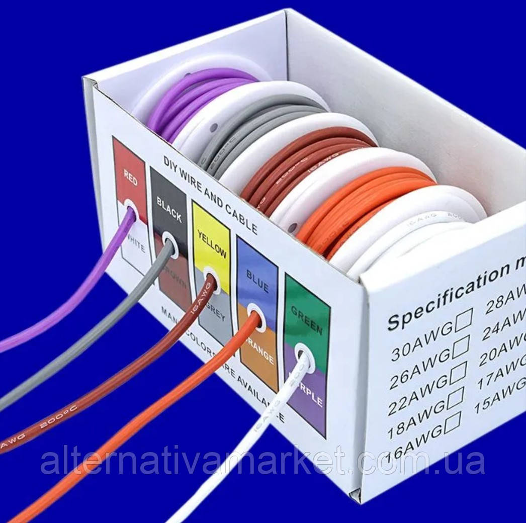 Набір монтажного дроту 1.27мм² (16AWG-FW) 5 кольорів по 4м у силіконовій ізоляції, фото 1