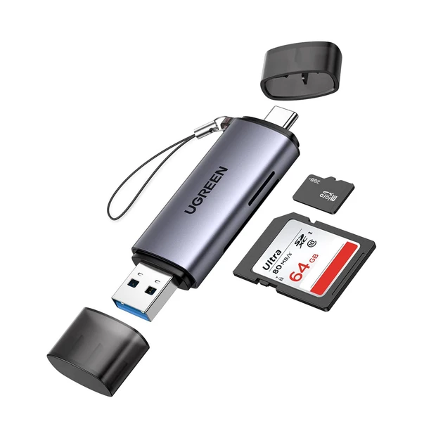 Кардридер Ugreen USB 3.0 + Type-C для TF SD Micro SD OTG адаптер металевий Grey (CM185), фото 1