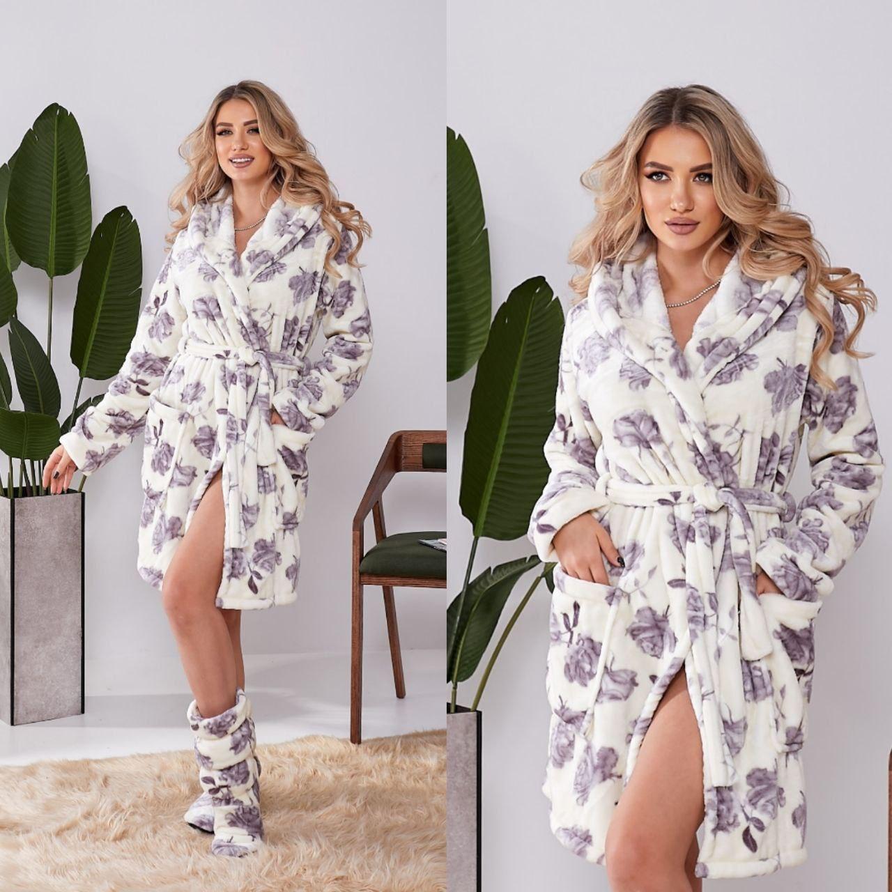 Ніжний яскравий романтичний м'який жіночий махровий комплект: халат + чобітки (р.42-46). Арт-4802/4, фото 1