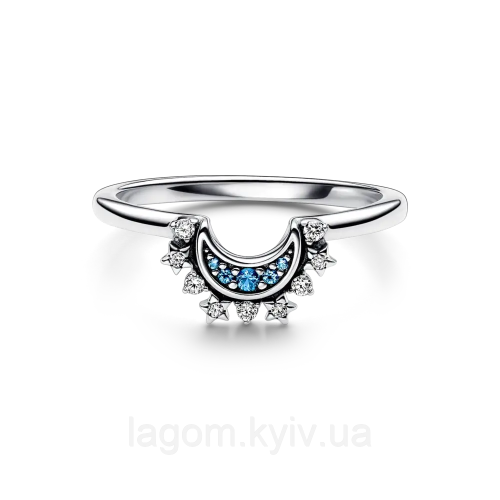 Срібна каблучка в стилі PANDORA 925 проба Sky Blue Luminous Moon Ring Блискучий Блакитний Місяць ПАНДОРА