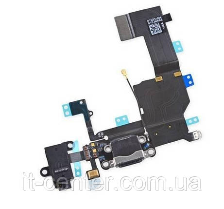 Шлейф (Flat cable) iPhone 5C з роз'ємом зарядки, з роз'ємом навушників, з мікрофоном чорний, фото 1