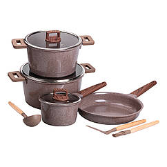 Набір посуду алюміній з товстим дном MGC з лопаткою, ополоником і пензликом кавовий HP-4-406CO