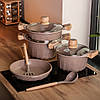 Набір посуду, 3 каструлі, товстодонне алюмінієве дно MGC з лопаткою та ополоником, кавовий HP-4-401CO, фото 5
