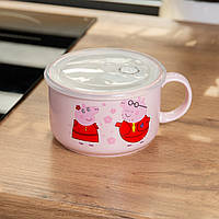 Керамічна Миска для супу та локшини Peppa Pig із пластиковою герметичною кришкою Smiley 770 мл рожева