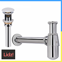 Хромований сифон із донним клапаном для раковини з переливом БІЛИЙ Донний клапан на мийку