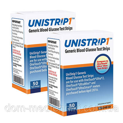 Тест-смужки Юністрип (UniStrip), аналог оригінальних смужок OneTouch Ultra (ВанТач Ультра), 100 шт., фото 1