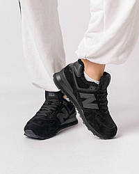 Жіночі зимові кросівки замша на хутрі New Balance 574 All Black Fur, кеди Нью Беланс чорні. Жіноче взуття