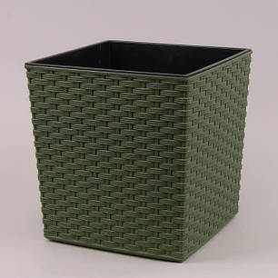 Горщик пластмасовий з вкладом JUKA ECO RATTAN зелений лісовий 25х25см., фото 1