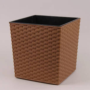 Горщик пластмасовий з вкладом JUKA ECO RATTAN натуральне дерево 19х19см., фото 1