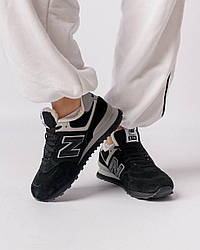 Жіночі зимові кросівки замші на хутрі New Balance 574 All Black Grey Fur, кеди Нью Беланс. Жіноче взуття