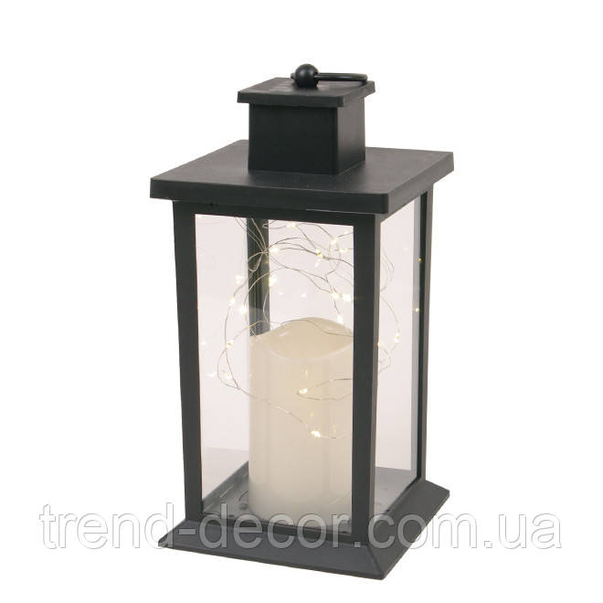 Підсвічник-ліхтар зі свічкою LED і гірляндою чорний 45467