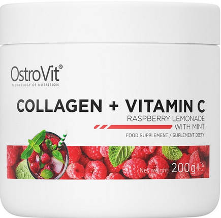 Колаген OstroVit Collagen + Vitamin C 200гр малина з м'ятою, фото 1