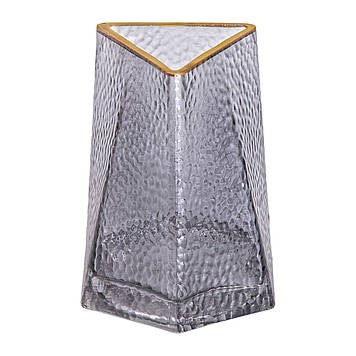 Скляна ваза для квітів, декоративна, трикутна, 15,5 см, сіра із золотою окантовкою HP-1711