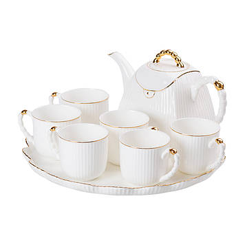 Чайний набір на 6 персон, із заварювальним чайником і підставкою, білий.